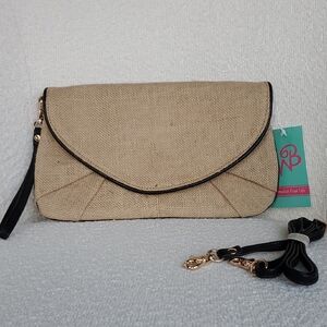 NWT Neutral Beige Burlap Clutch with Black Trim - Women Bags